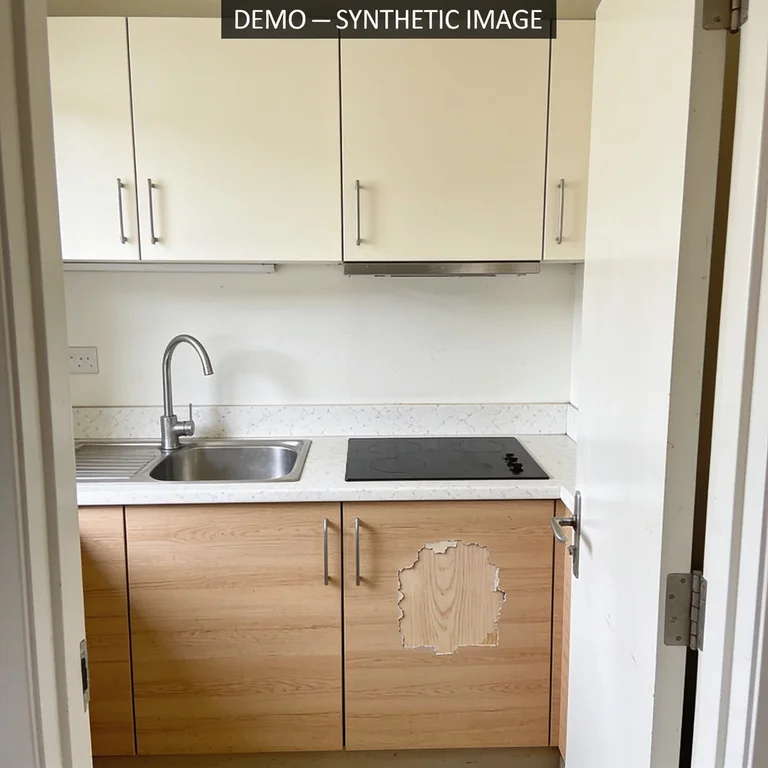 Synthetic example kitchen photo showing peeling veneer on the lower cabinet door.